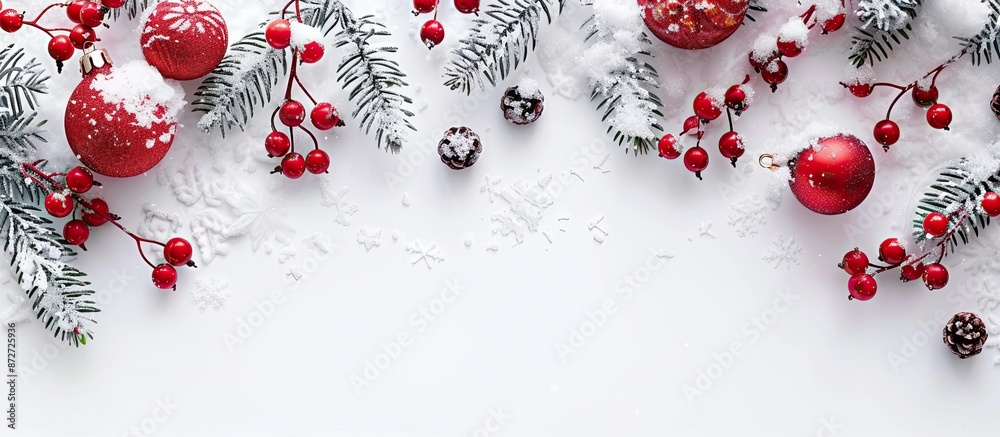 Poster Snow-covered Christmas background on a white backdrop with available copy space image.