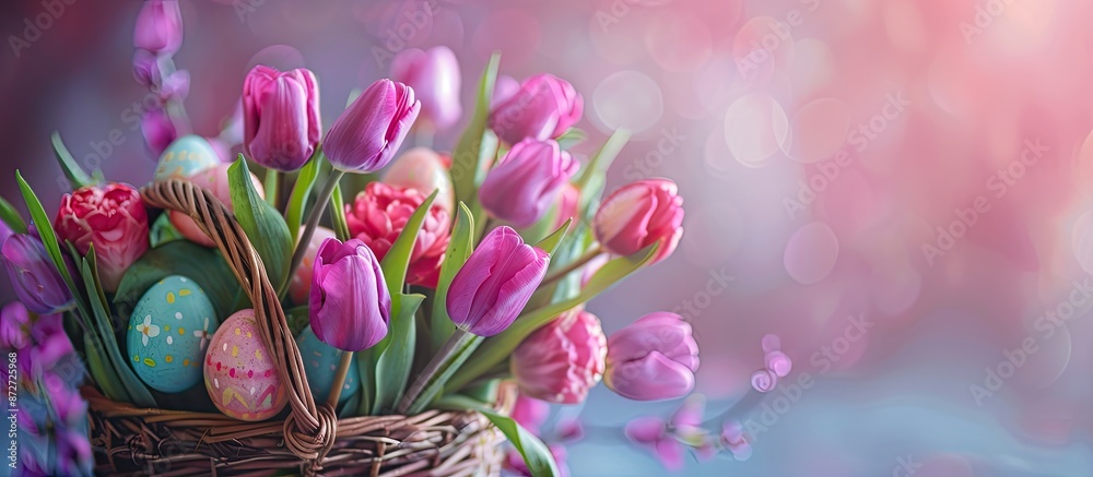 Aufkleber an easter-themed arrangement featuring tulips and a basket filled with colorful painted eggs, leavin