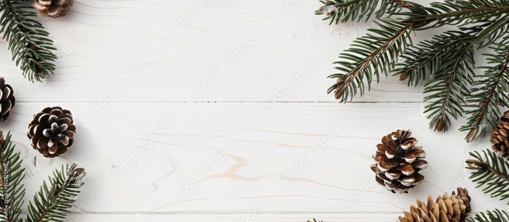 Poster top view of a christmas and new year's composition with pine cones and spruce branches on a white wo