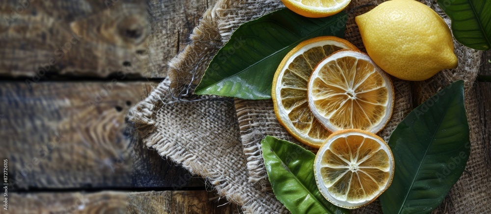 Poster A healthy meal featuring a dried lemon slice as part of a food snack, arranged on a rustic table with a food background and copy space image in a top view.