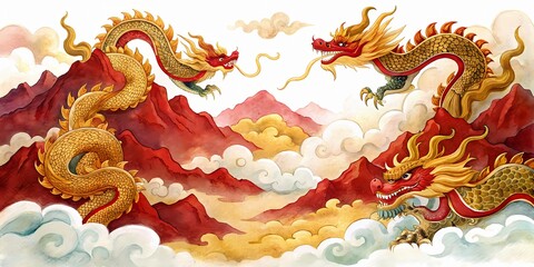 Obraz premium Vibrant traditional Chinese art painting background featuring intricate golden dragons, swirling clouds, and majestic mountains in rich red and gold hues.