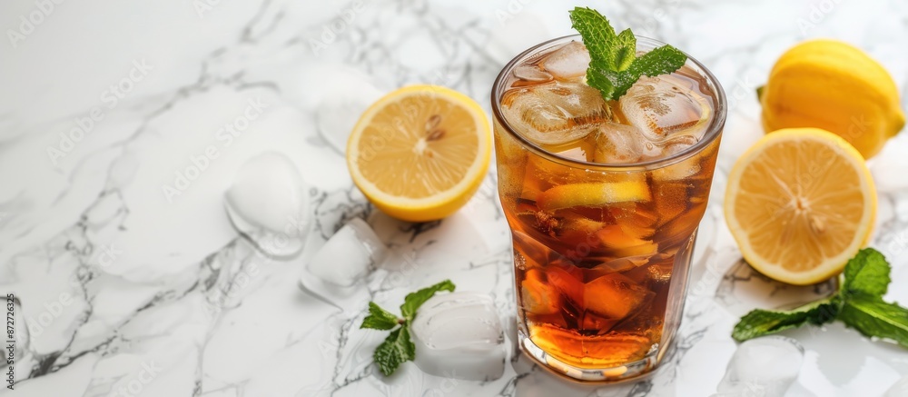 Poster marble table with a glass of iced tea garnished with mint and lemon, representing a refreshing cold 