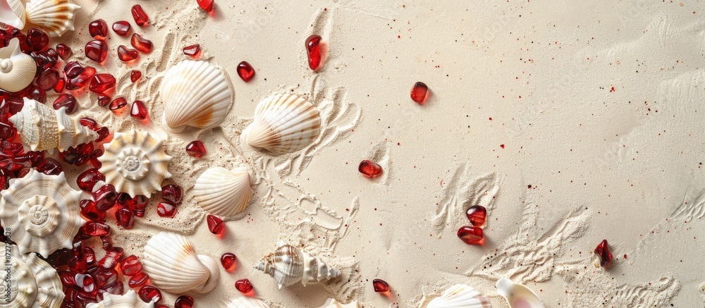 Poster a summer-themed backdrop with white cone shells and red glass pebbles on a sandy surface, ideal for 