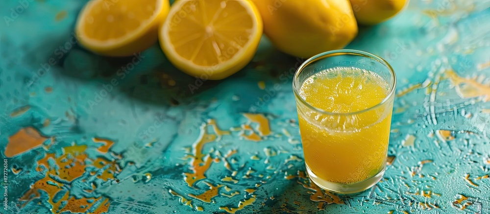 Poster Freshly squeezed lemon juice in a glass on a turquoise stone or concrete table with copy space image.