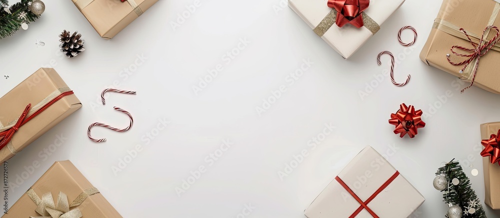 Aufkleber on a white table, there's a present surrounded by boxes, with ample copy space image available.
