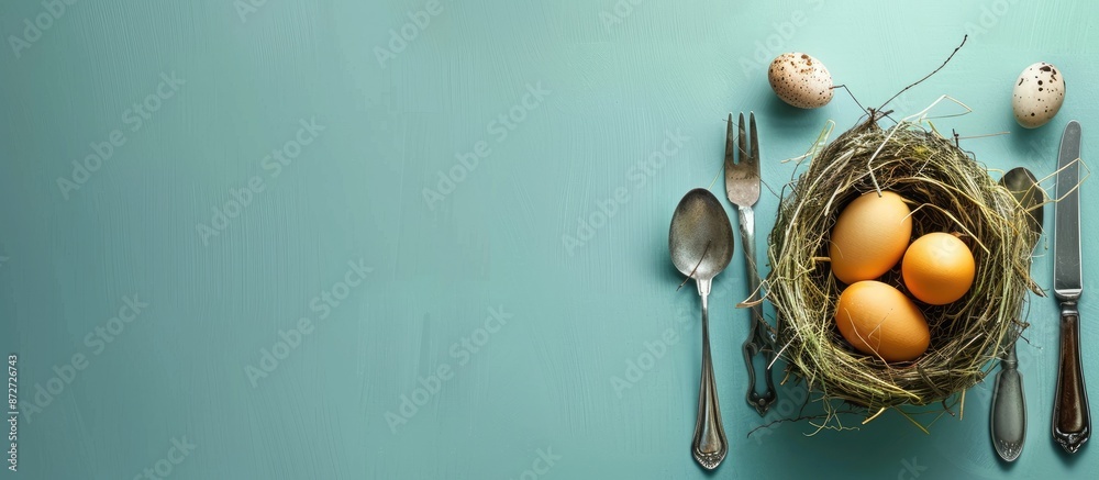 Aufkleber Easter-themed table arrangement with cutlery and eggs in a nest on a blue backdrop providing a charming setting for a photograph with copy space image.