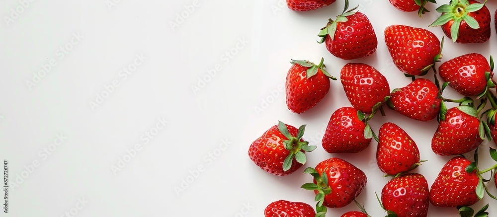Poster Overhead shot of strawberries on a white background with empty copy space image.