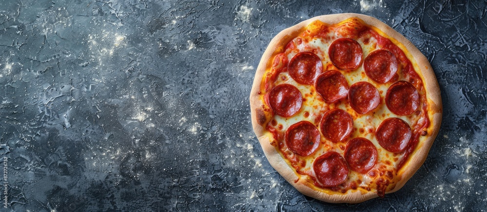 Aufkleber Pepperoni pizza placed on a concrete surface with a background perfect for adding text or graphics, known as a copy space image.