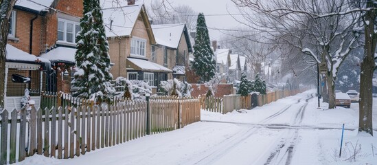 Obraz premium During winter, a charming row of houses with snowy yards enclosed by wooden fences creates a picturesque scene perfect for a copy space image.