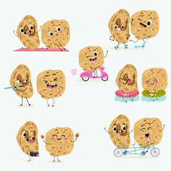 Cute   tiger, chufa nuts, characters, cedar cone, funny nuts, characters set, collection. Flat vector illustration. Activities, playing musical instruments, sports, funny nuts.