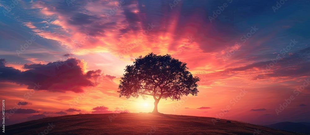 Poster capture the serene beauty of a colorful sunset with a tree silhouette against the moving clouds in a