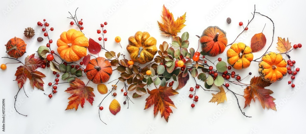 Poster autumn-themed arrangement of leaves, pumpkins, and berries on a white backdrop. suitable for display