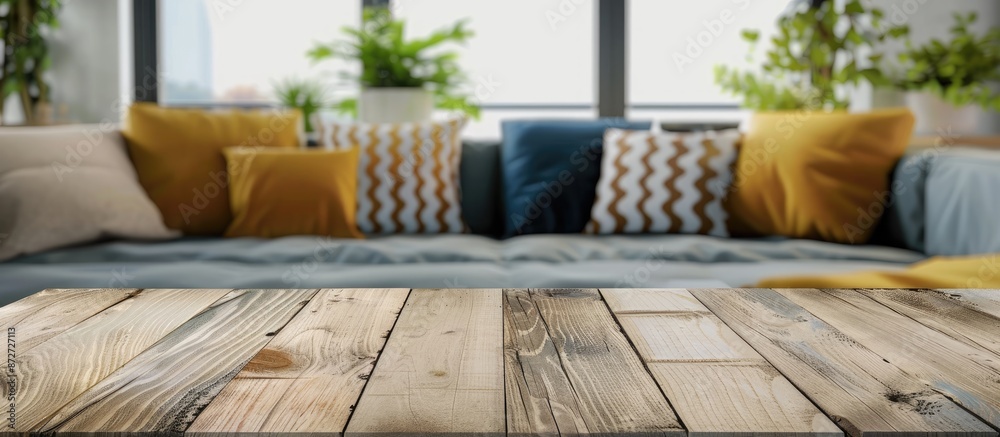 Poster Front view of an empty wooden table set against a blurred sofa with pillows in the background, creating a soft-focus effect, ideal as a template with copy space image.