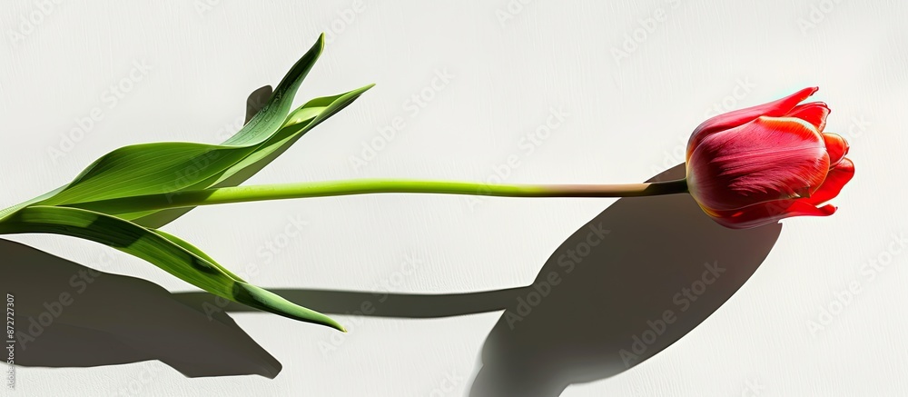 Poster Isolated tulip flower casting a shadow on a white background, creating copy space image.