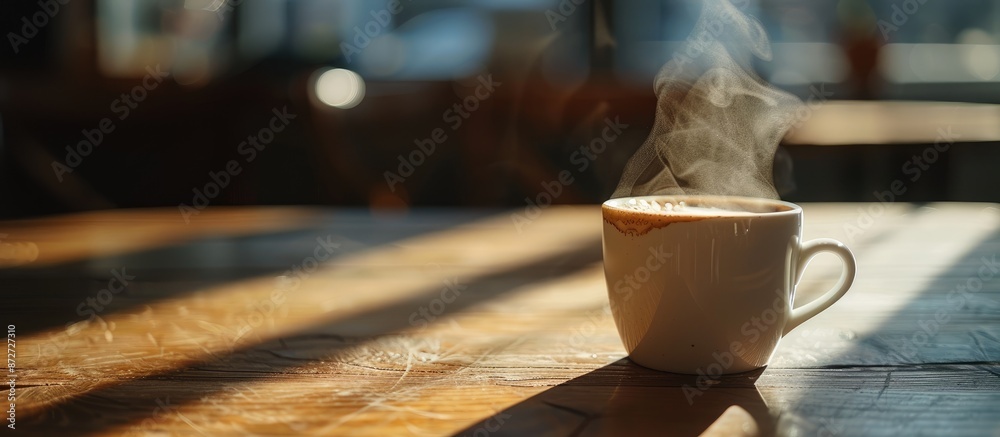 Aufkleber a steaming half cup of coffee rests on the table providing ample copy space in the image.