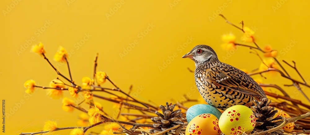 Fototapete a quail with easter eggs in a yellow setting with copy space image.