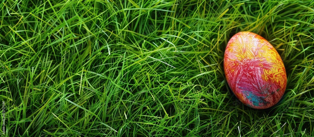 Poster colorful easter egg displayed on fresh green grass with copy space image.