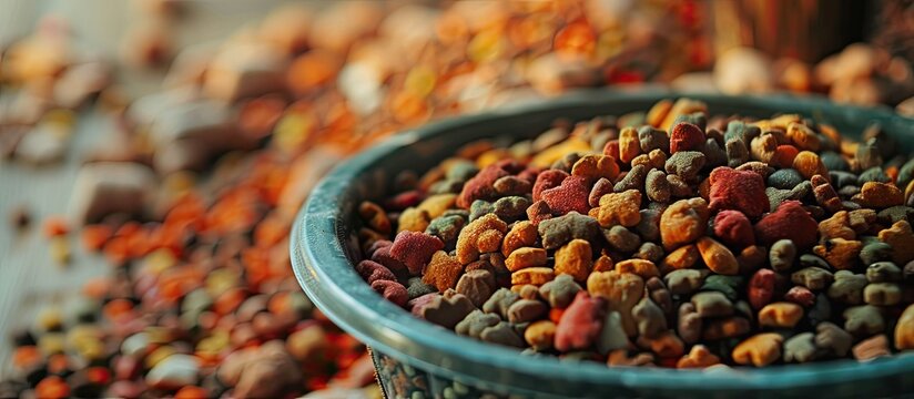 A plastic bowl filled with dry pet food is displayed with dry cat and dog food in the background in a copy space image.