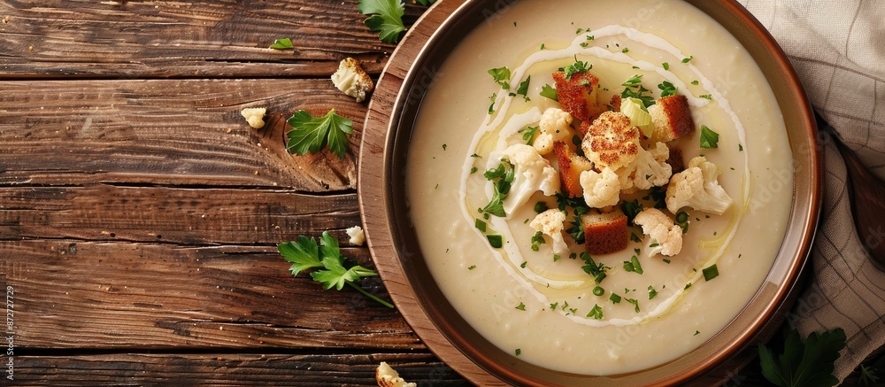 Poster creamy cauliflower soup topped with fried cauliflower and croutons on a copy space image.