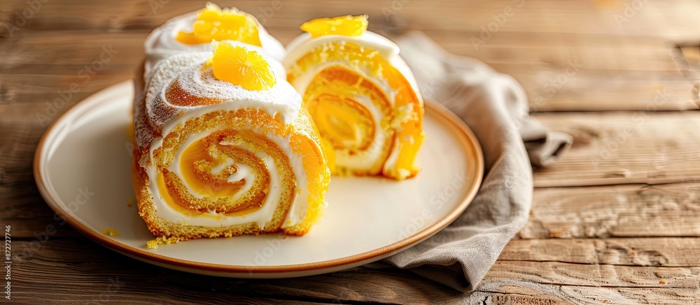Poster serving of yuzu orange roll cake on a white plate against a wooden table background featuring ample 
