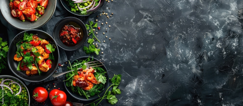 Poster Dark background showcases a variety of dishes in a panoramic view with ample copy space image.