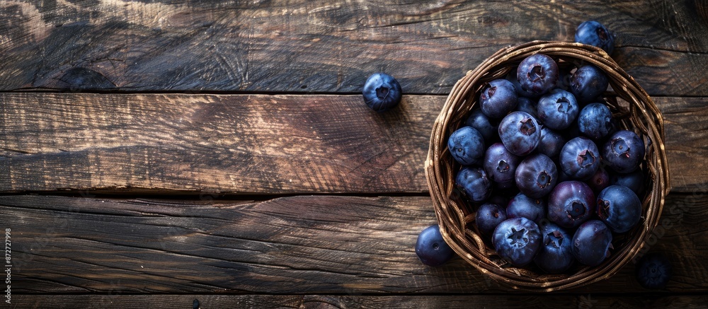 Poster a flat lay photo showing ripe blueberries in a wicker bowl on a rustic wooden table, illustrating a 