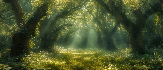 Obraz premium Sunlight filtering through a serene forest canopy, casting ethereal rays over a lush green pathway.