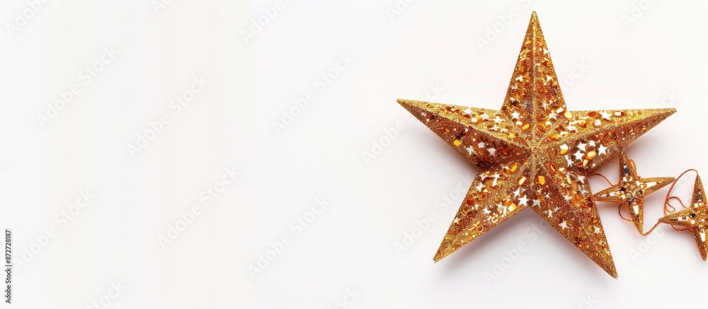 Aufkleber close-up top-view rendering of a shining christmas star in gold against a white backdrop with ample 