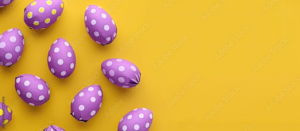 Aufkleber easter and spring-themed purple paper eggs on a yellow surface viewed from above with space for text