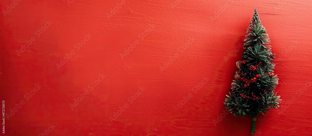 Poster Red Christmas tree on a red background in a flat layout greeting card, representing the concept of New Year and winter holidays with free copy space image available.