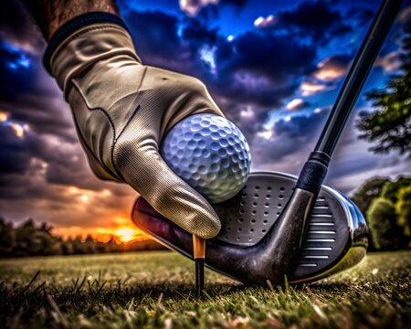 Close-up of a golfer's hand placing a golf ball on a tee with a club at sunset, showcasing golfing preparation and dedication.