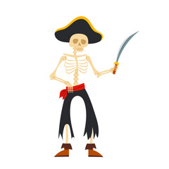 Skeleton of a pirate with a saber in a flat style on a white background. Cartoon kids pirate character.