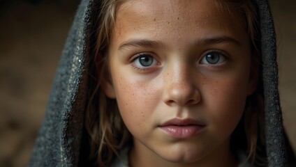 Fototapeta premium The glimmer of hope in a child's eyes after a long journey ai_generated