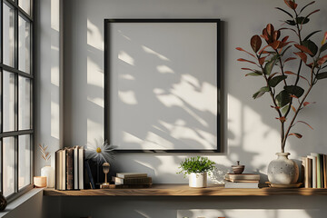 Minimalistic picture wooden frame with a white background standing on a wood table leaning to the wall, a small magnolia flower is beside the frame with the light from left corner