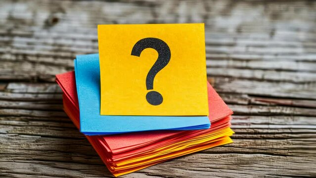 Colorful Sticky Notes Stack with Prominent Blue Note Featuring Black Question Mark on Wooden Background Symbolizing Inquiry, Curiosity, and Problem-Solving