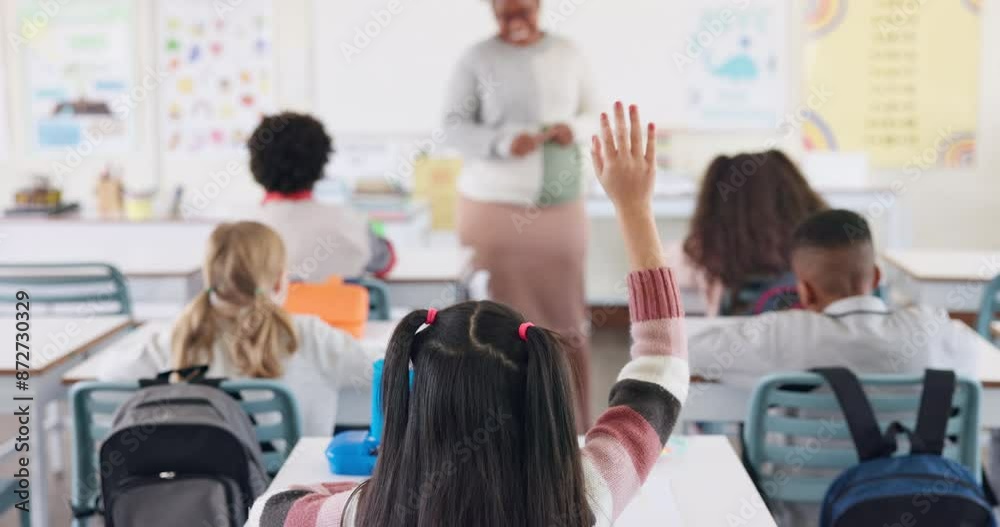 Aufkleber Back, students and hands for answer in classroom with question, knowledge and learning in education. Children, diversity group and curious at school with study, solution and feedback for exam or test