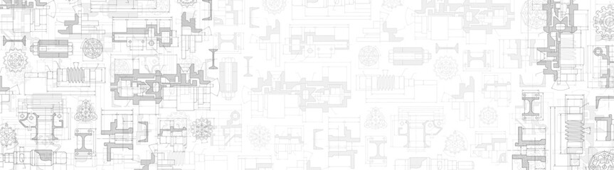 Engineering industrial background from technical drawing elements. Horizontal light banner for engenering, industrial, technology or automation conceptual design.