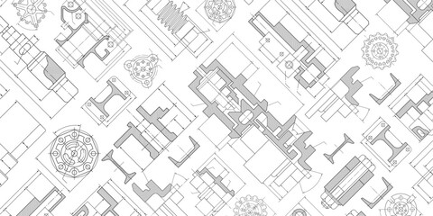 Engineering industrial background from technical drawing elements. Horizontal  banner for engenering, industrial, technology or automation conceptual design.