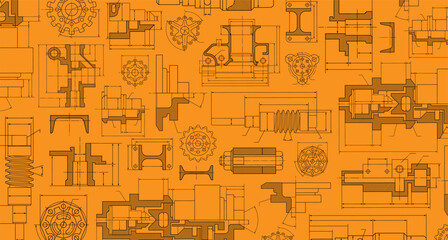 Engineering industrial background from technical drawing elements. Horizontal orange banner for engenering, industrial, technology or automation conceptual design.