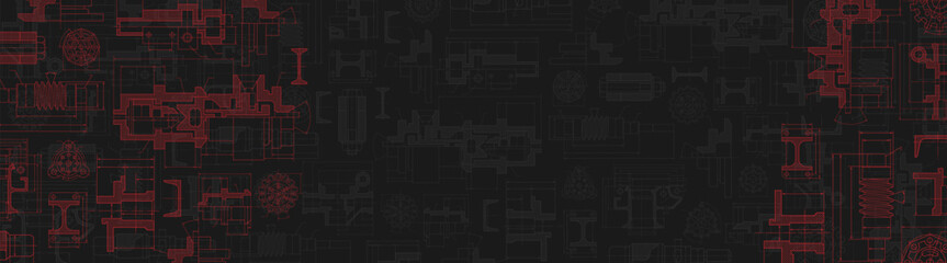 Engineering industrial background from technical drawing elements. Horizontal dark red banner for engenering, industrial, technology or automation conceptual design.