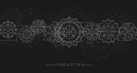 Engineering industrial background from technical drawing elements. Horizontal dark banner for engenering, industrial, technology or automation conceptual design.