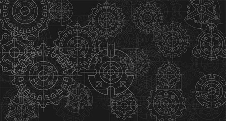 Engineering industrial background from technical drawing elements. Horizontal dark backdrop for engenering, industrial, technology or automation conceptual design.