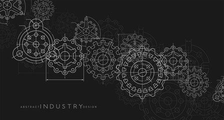 Engineering industrial background from technical drawing elements. Horizontal dark banner for engenering, industrial, technology or automation conceptual design.