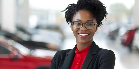 Confident and Professional Black Female Salesperson at Car Dealership. Concept Black Female Salesperson, Car Dealership, Professionalism, Confidence, Sales Skills