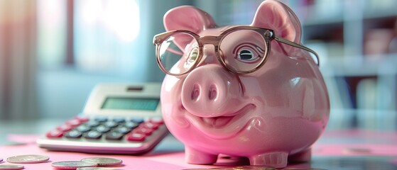 Obraz premium Pink piggy bank with eyeglasses and calculator, concept of savings and investments