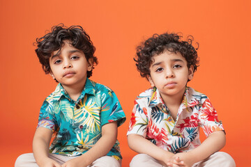 two Boys Wearing summer print T-shirt