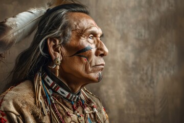 Naklejka premium Adorned in symbolic cultural jewelry, a Native American man stands proudly in a studio portrait, embodying the strength and beauty of his heritage. Immerse yourself in tradition.