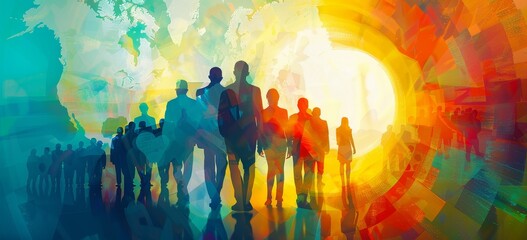 A digital art collage of silhouettes representing diverse businesspeople, standing in front of an abstract background that subtly resembles the globe or world map.