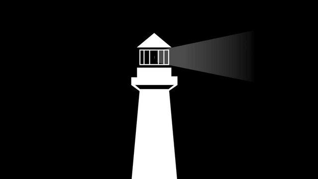 Lighthouse light in the night. Simple animated illustration on black background