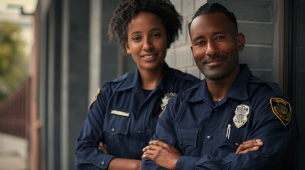 Portrait of two smiling police officers in uniform standing outdoors. They look confident and professional. This is a digital AI-generated image suitable for various uses. AI